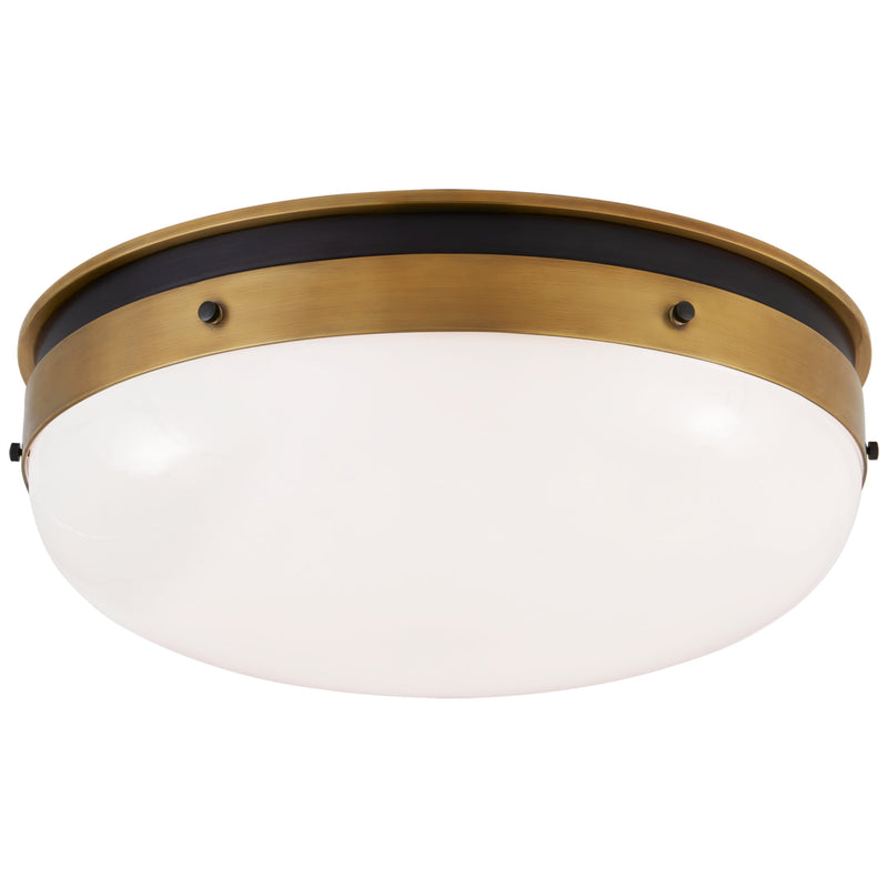 Thomas O'Brien Hicks Medium Flush Mount in Bronze and Hand-Rubbed Antique Brass with White Glass