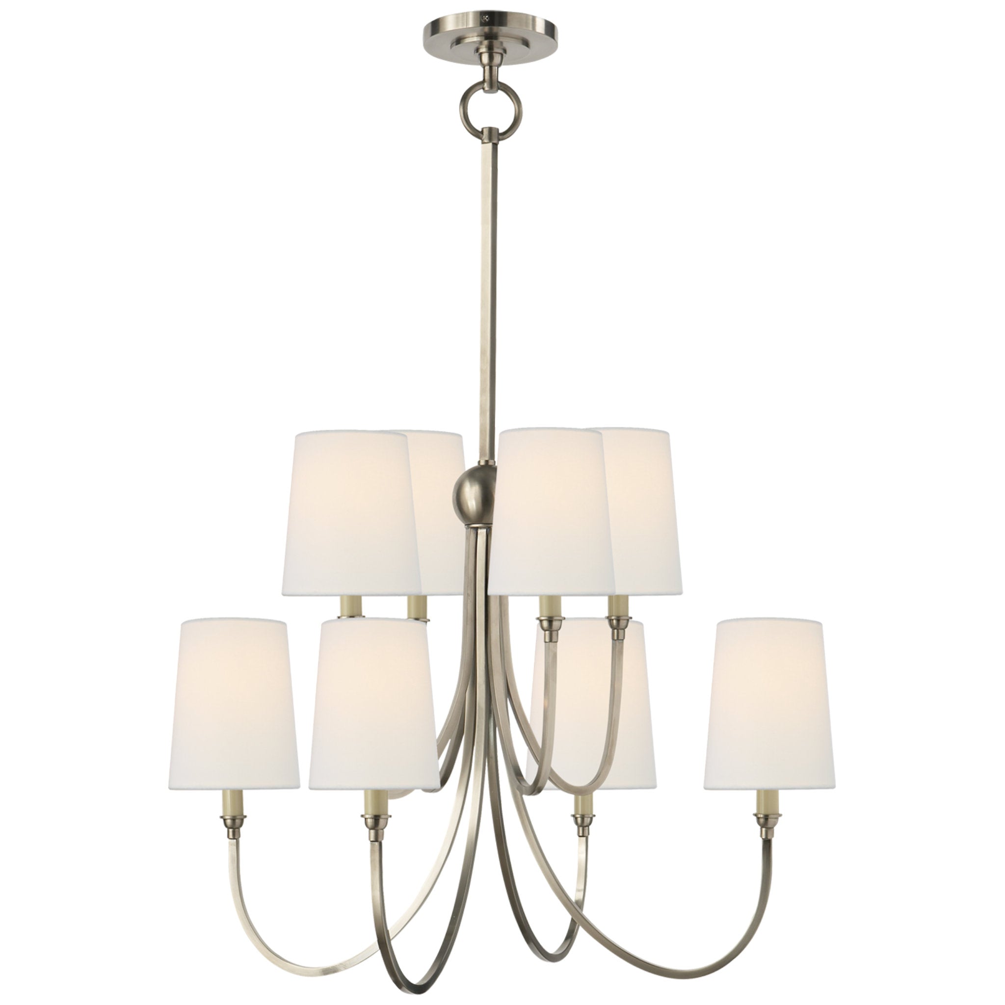 Thomas O'Brien Reed Large Chandelier in Antique Nickel with Linen Shades