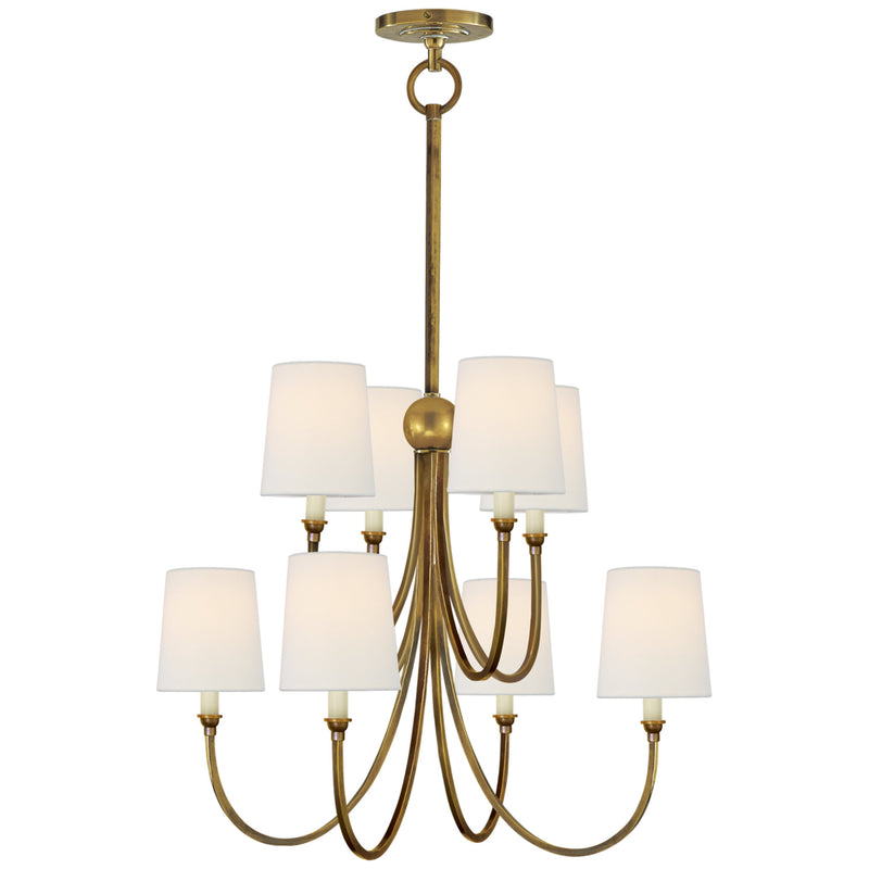 Thomas O'Brien Reed Large Chandelier in Hand-Rubbed Antique Brass with Linen Shades