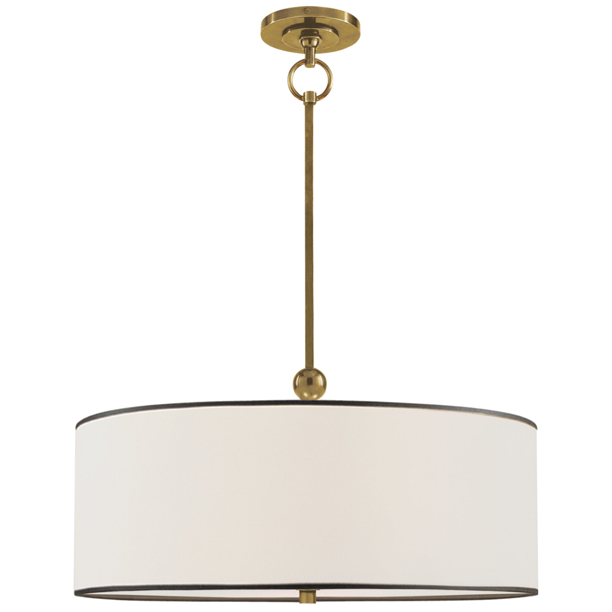 Thomas O'Brien Reed Hanging Shade in Hand-Rubbed Antique Brass with Linen Shade with Black Trim Ceiling Light W22"