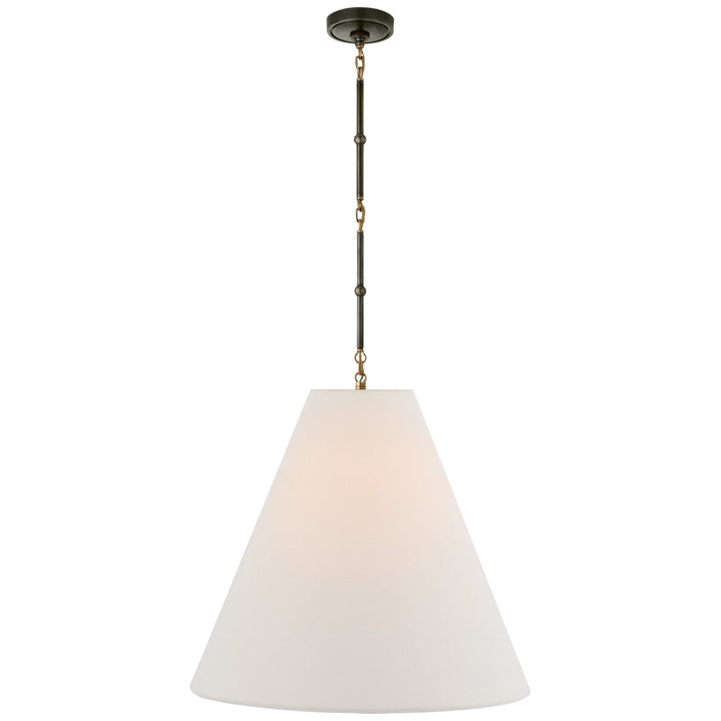 Thomas O'Brien Goodman Large Hanging Lamp in Bronze and Hand-Rubbed Antique Brass with Linen Shade