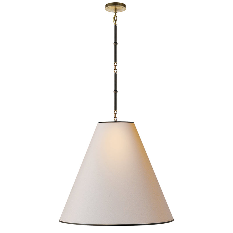 Thomas O'Brien Goodman Large Hanging Lamp in Bronze and Hand-Rubbed Antique Brass with Natural Paper Shade with Black Tape