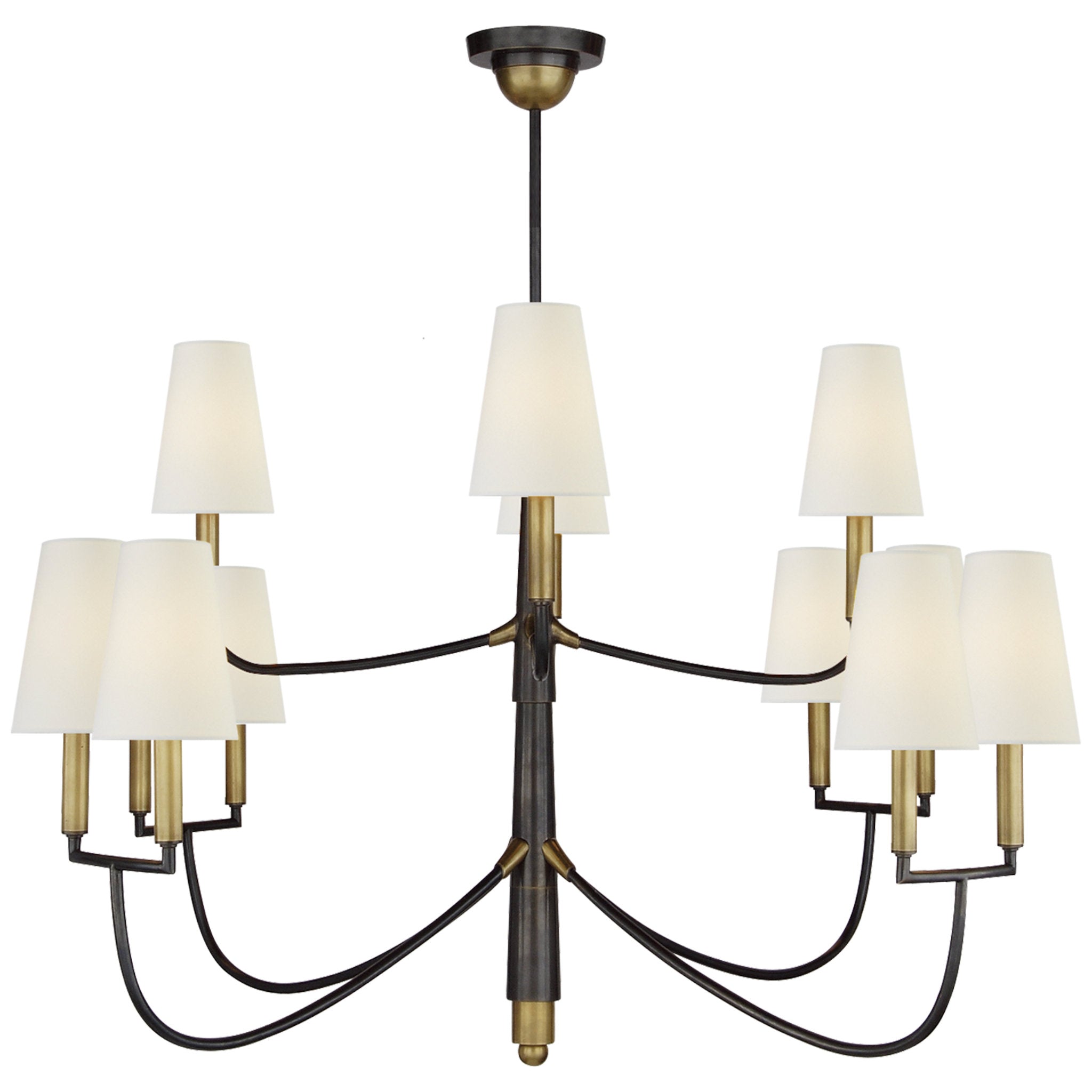 Thomas O'Brien Farlane Large Chandelier in Bronze with Hand-Rubbed Antique Brass with Linen Shades Ceiling Light W48.5"