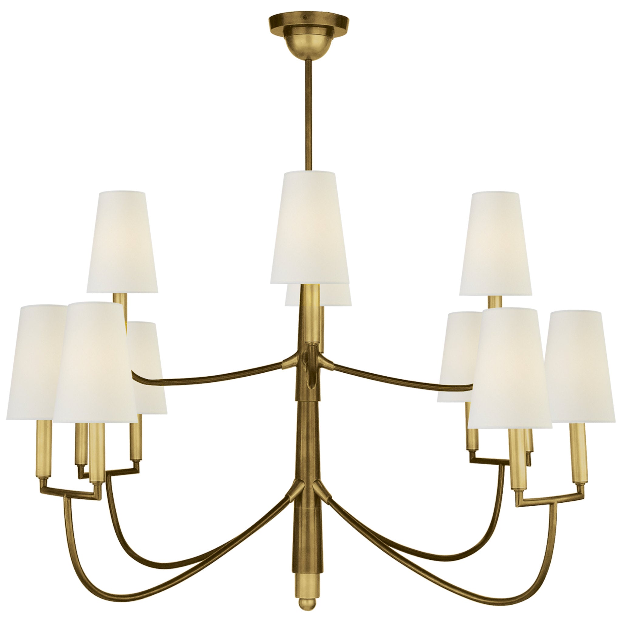 Thomas O'Brien Farlane Large Chandelier in Hand-Rubbed Antique Brass with Linen Shades