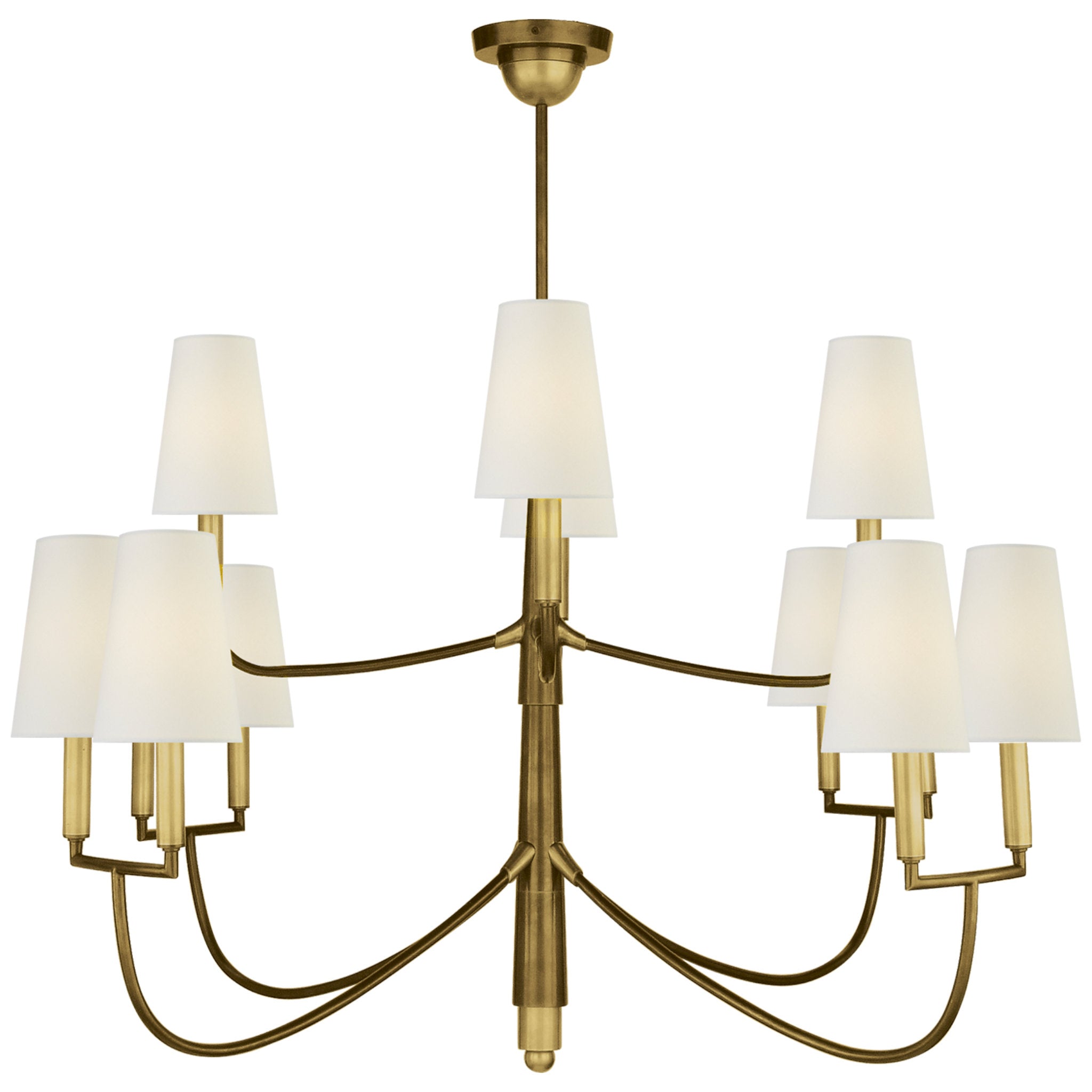 Thomas O'Brien Farlane Large Chandelier in Hand-Rubbed Antique Brass with Linen Shades Ceiling Light W48.5"