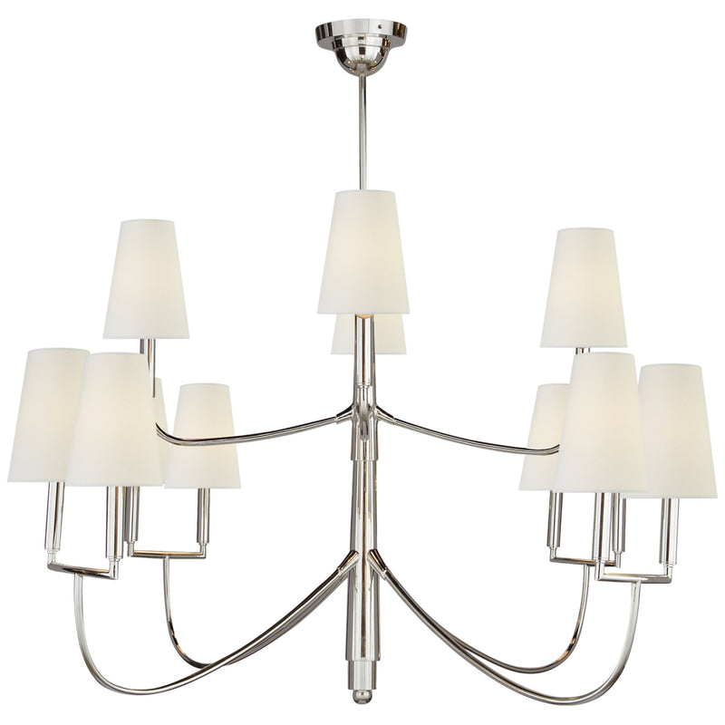 Thomas O'Brien Farlane Large Chandelier in Polished Silver with Linen Shades