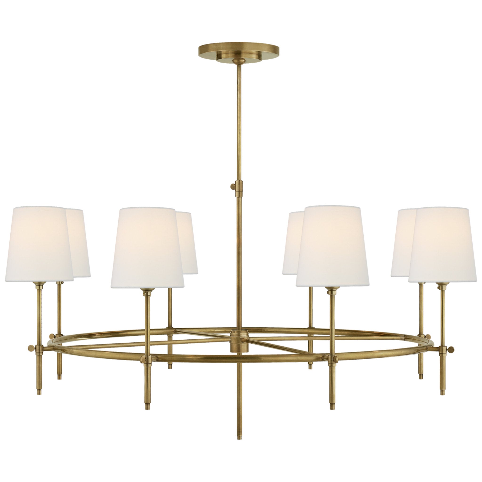 Thomas O'Brien Bryant Large Ring Chandelier in Hand-Rubbed Antique Brass with Linen Shades Ceiling Light W41"