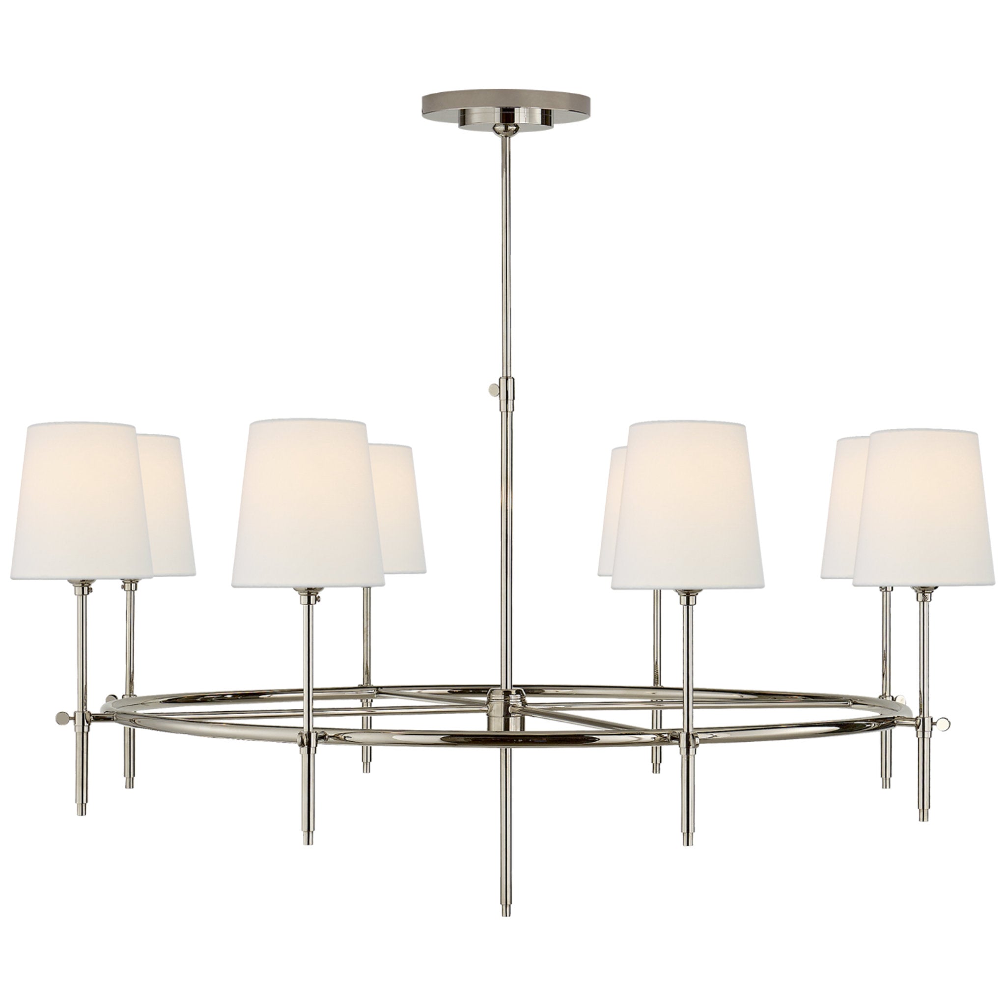 Thomas O'Brien Bryant Large Ring Chandelier in Polished Nickel with Linen Shades