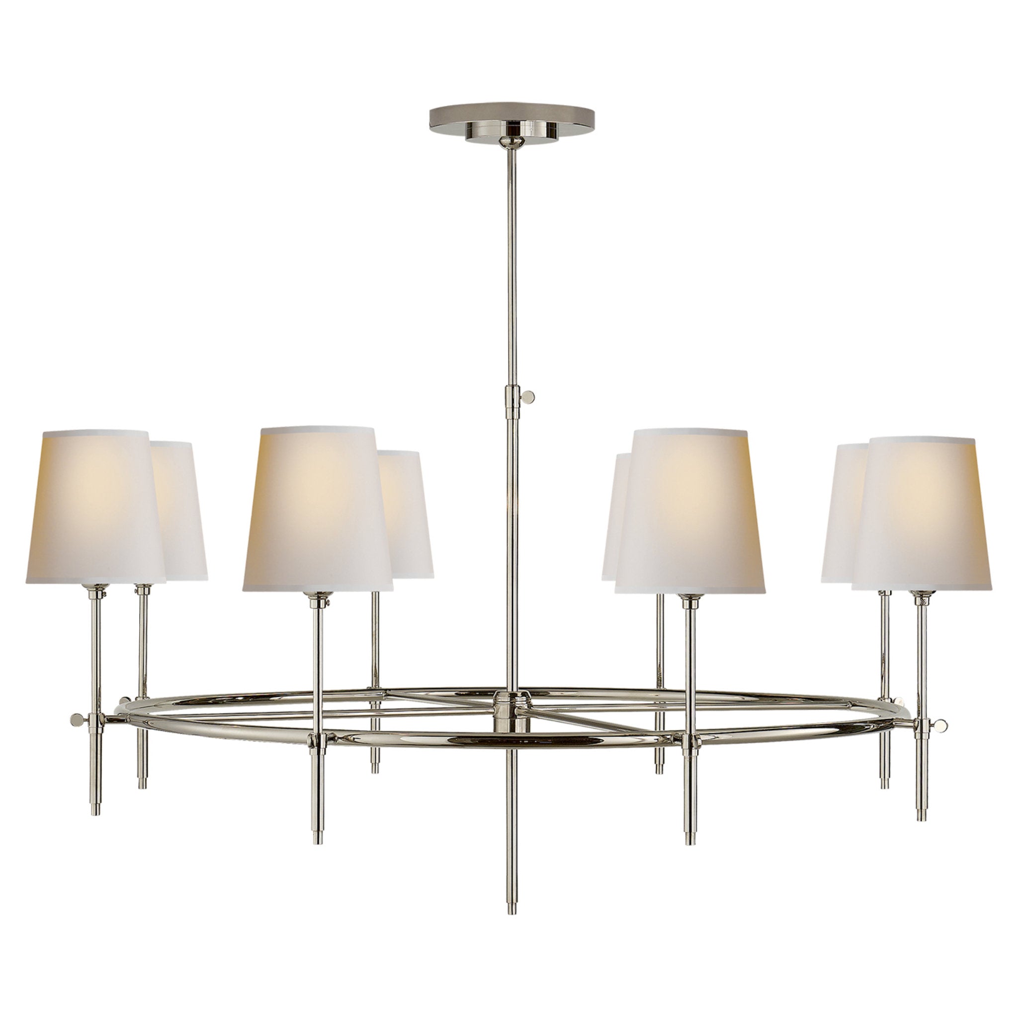 Thomas O'Brien Bryant Large Ring Chandelier in Polished Nickel with Natural Paper Shades