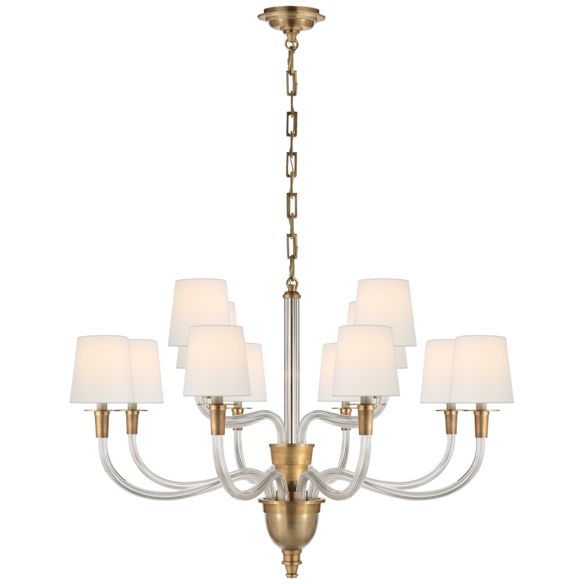 Thomas O'Brien Vivian Large Two-Tier Chandelier in Hand-Rubbed Antique Brass with Linen Shades