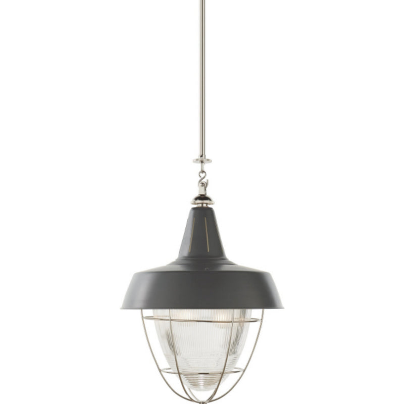 Thomas O'Brien Henry Industrial Hanging Light in Polished Nickel and Green Shade with Industrial Prismatic Glass