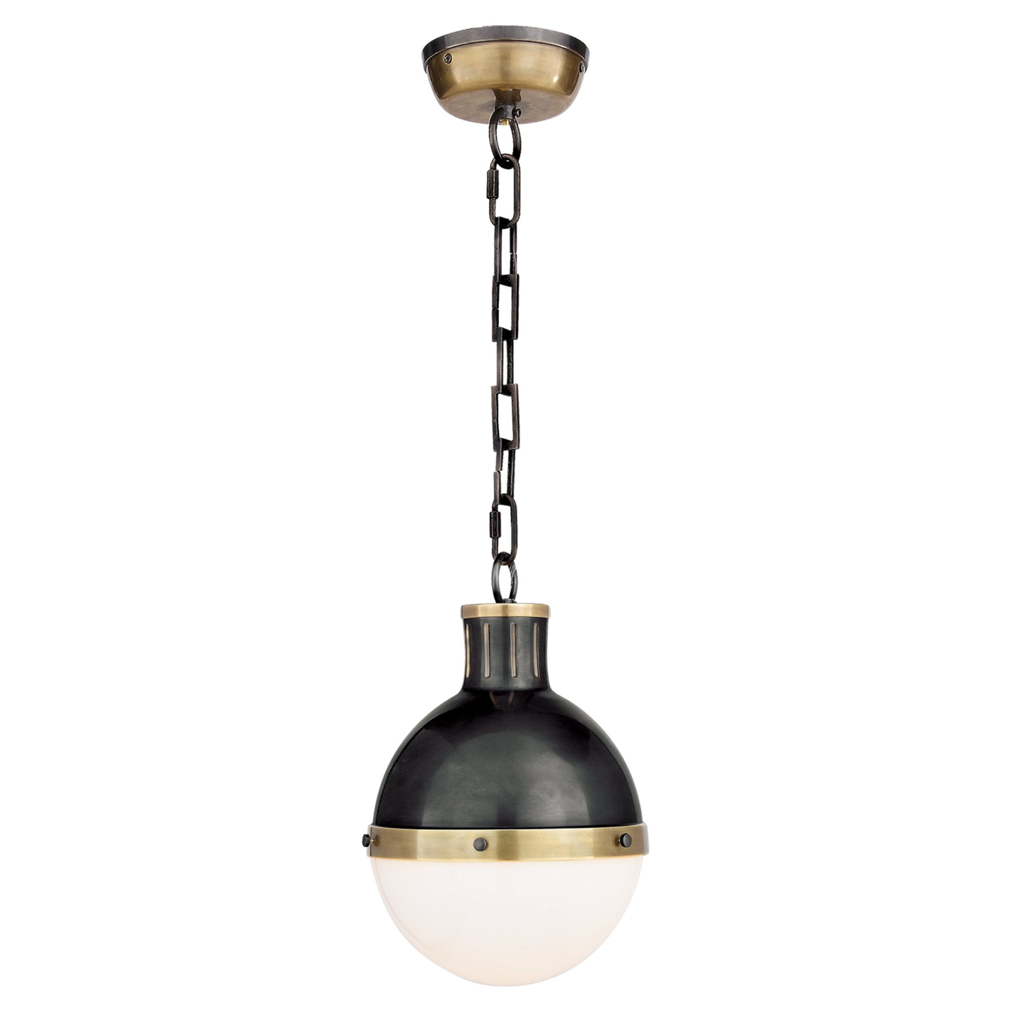 Thomas O'Brien Hicks Small Pendant in Bronze and Hand-Rubbed Antique Brass with White Glass Ceiling Light W8.5" x H11.75"