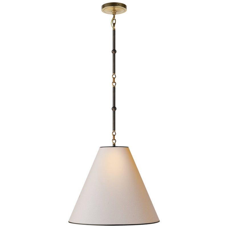 Thomas O'Brien Goodman Small Hanging Light in Bronze and Hand-Rubbed Antique Brass with Natural Paper Shade with Black Tape