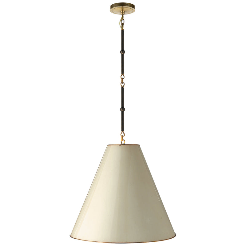 Thomas O'Brien Goodman Medium Hanging Light in Bronze and Hand-Rubbed Antique Brass with Antique White Shade