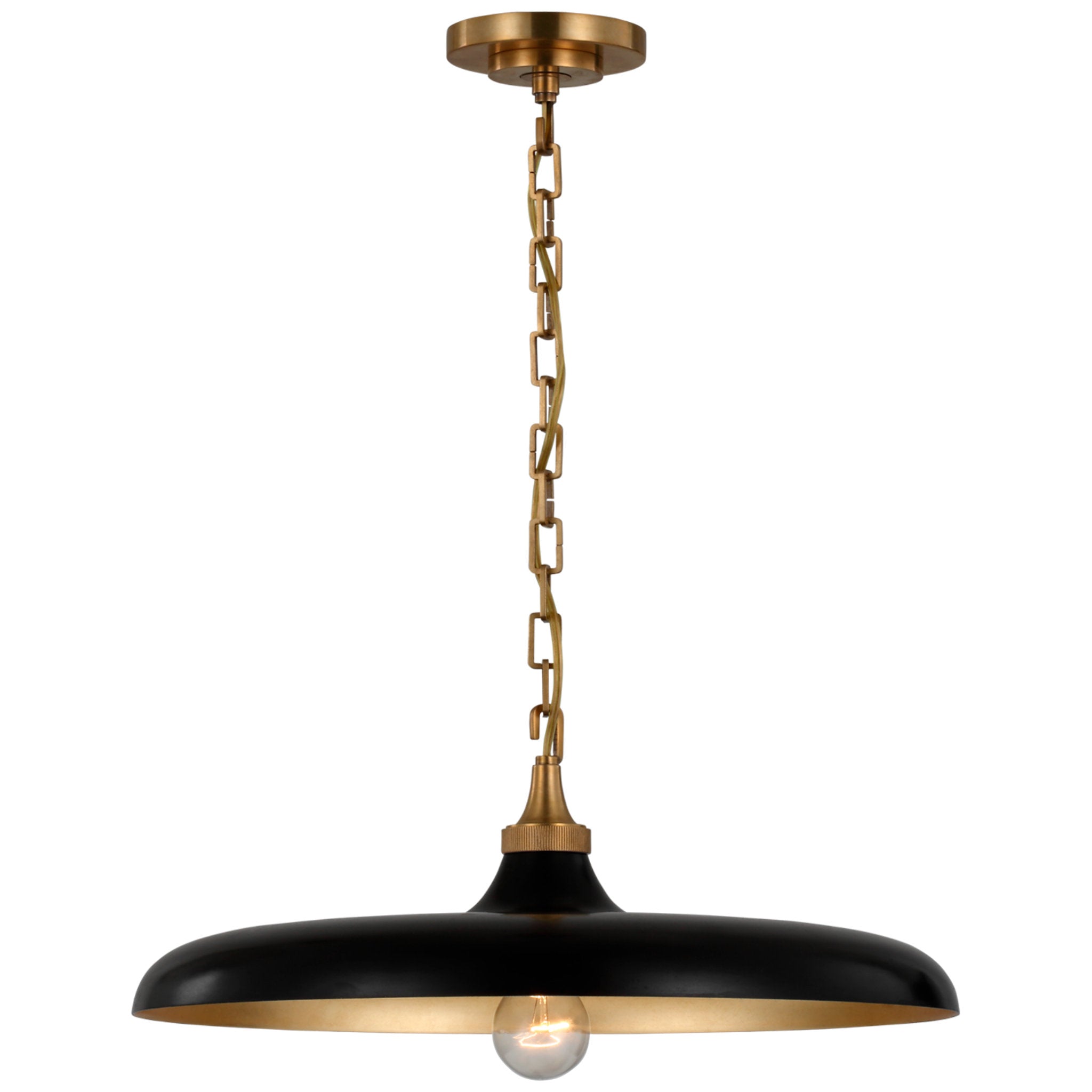 Thomas O'Brien Piatto Medium Pendant in Hand-Rubbed Antique Brass with Aged Iron Shade