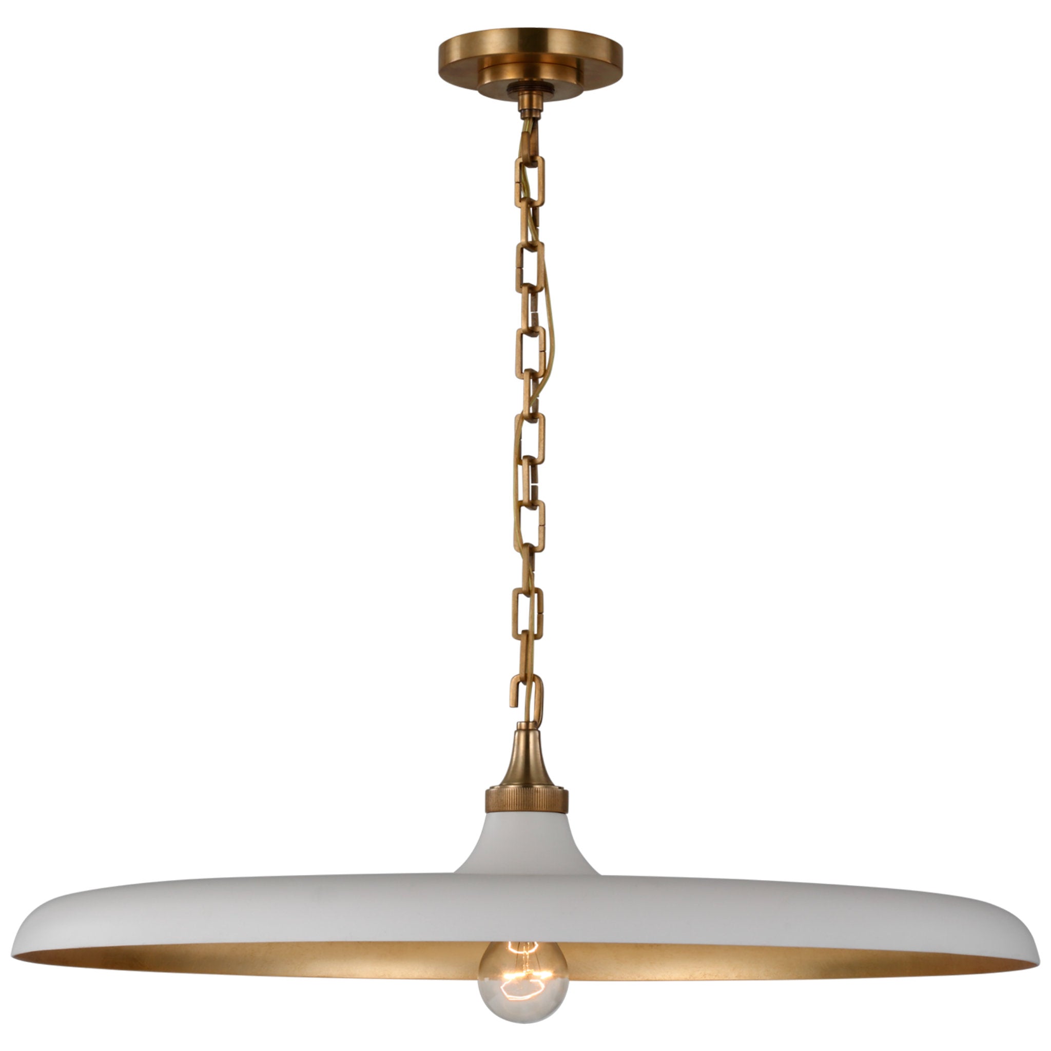 Thomas O'Brien Piatto Large Pendant in Hand-Rubbed Antique Brass with Plaster White Shade Ceiling Light W24" x H7"