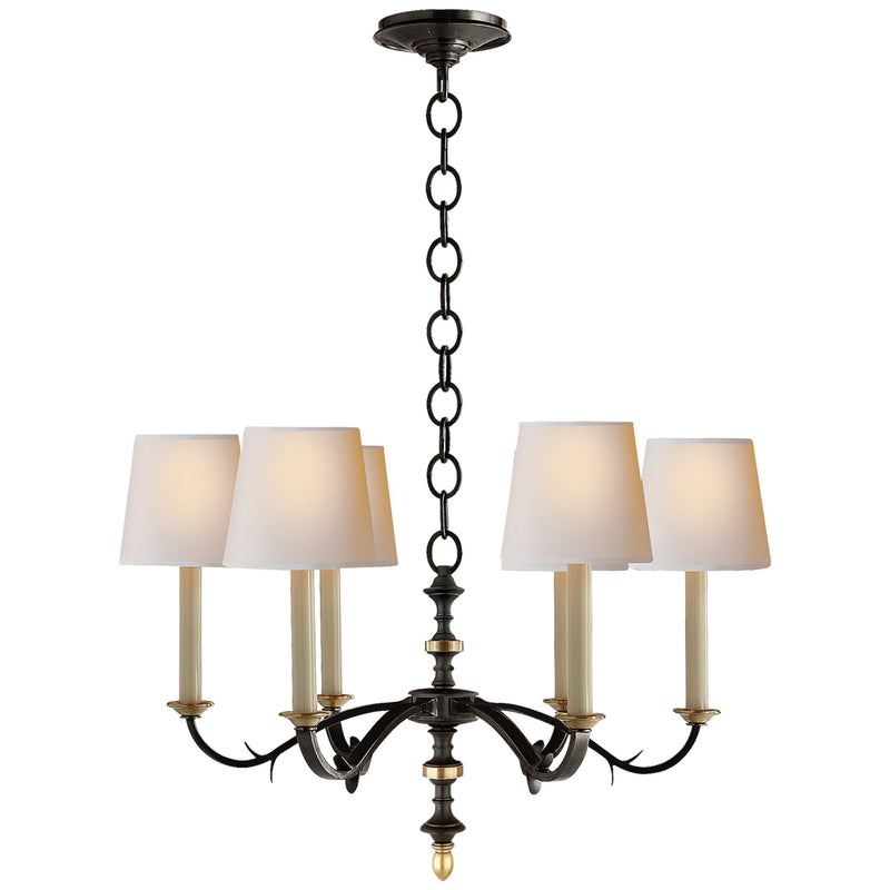 Thomas O'Brien Channing Small Chandelier in Blackened Rust with Hand-Rubbed Antique Brass and Natural Paper Shades
