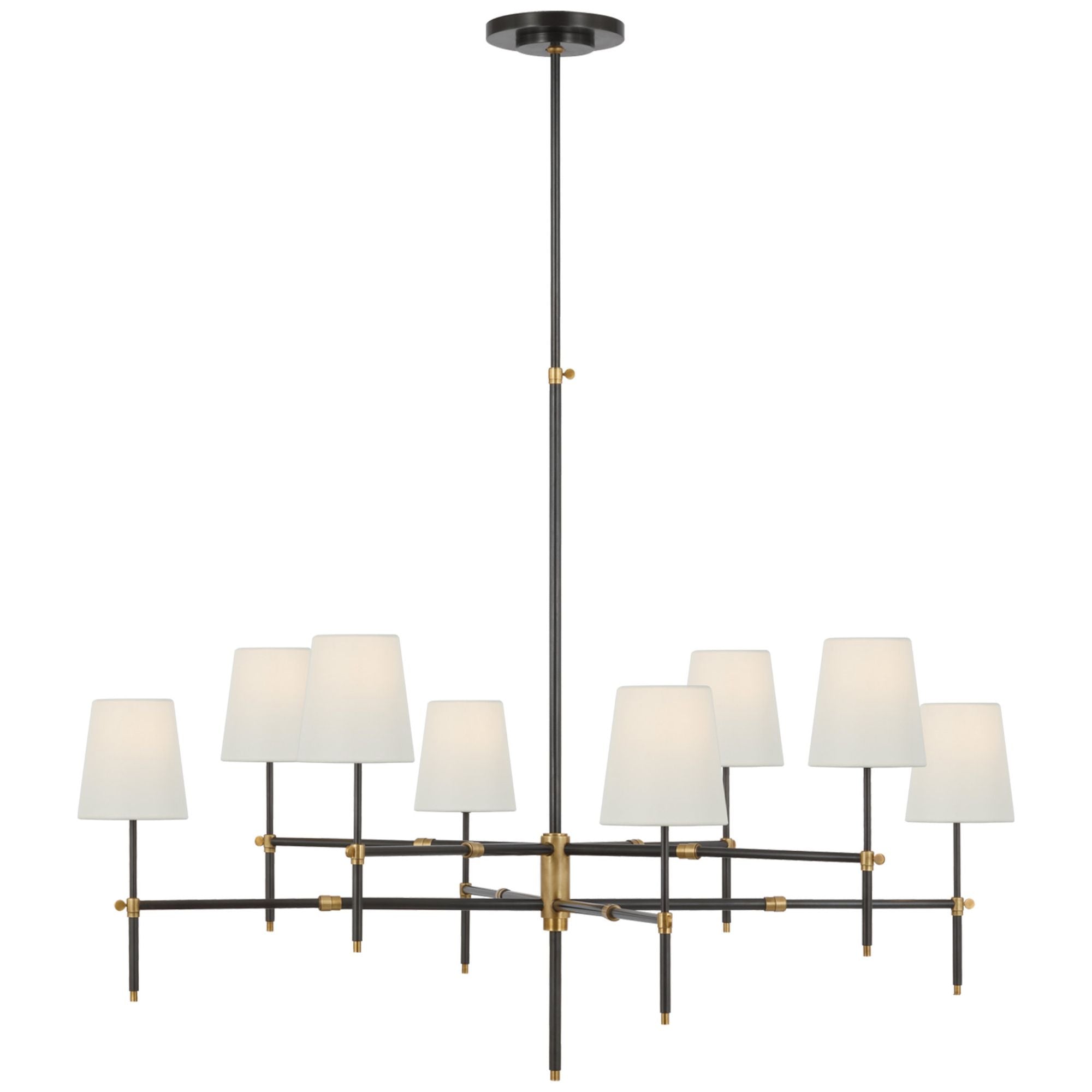 Thomas O'Brien Bryant Extra Large Two Tier Chandelier in Bronze and Hand-Rubbed Antique Brass with Linen Shades Ceiling Light W48"