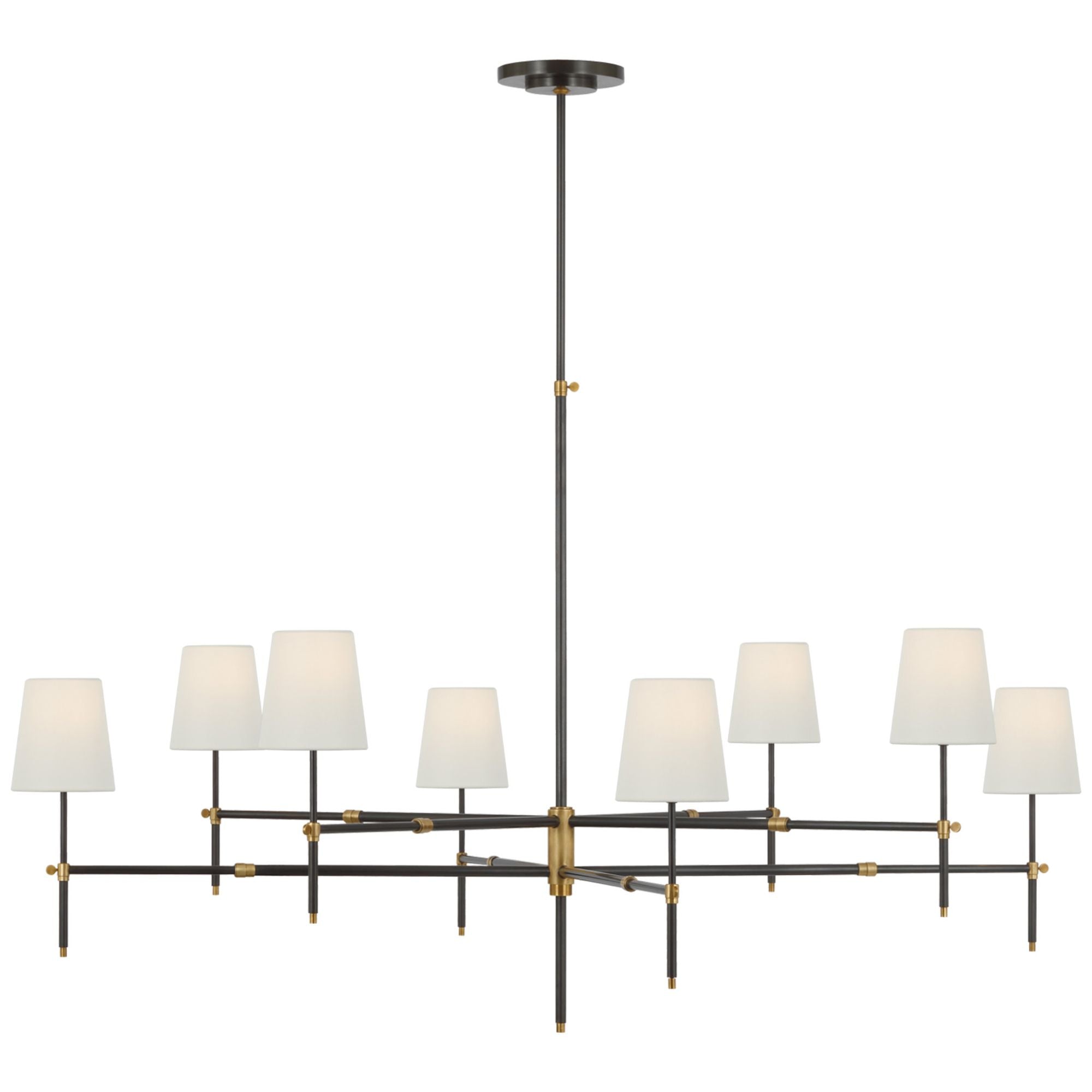 Thomas O'Brien Bryant Grande Two Tier Chandelier in Bronze and Hand-Rubbed Antique Brass with Linen Shades Ceiling Light W60"