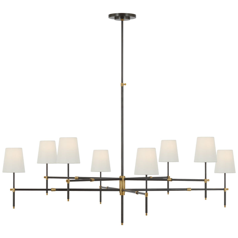 Thomas O'Brien Bryant Grande Two Tier Chandelier in Bronze and Hand-Rubbed Antique Brass with Linen Shades