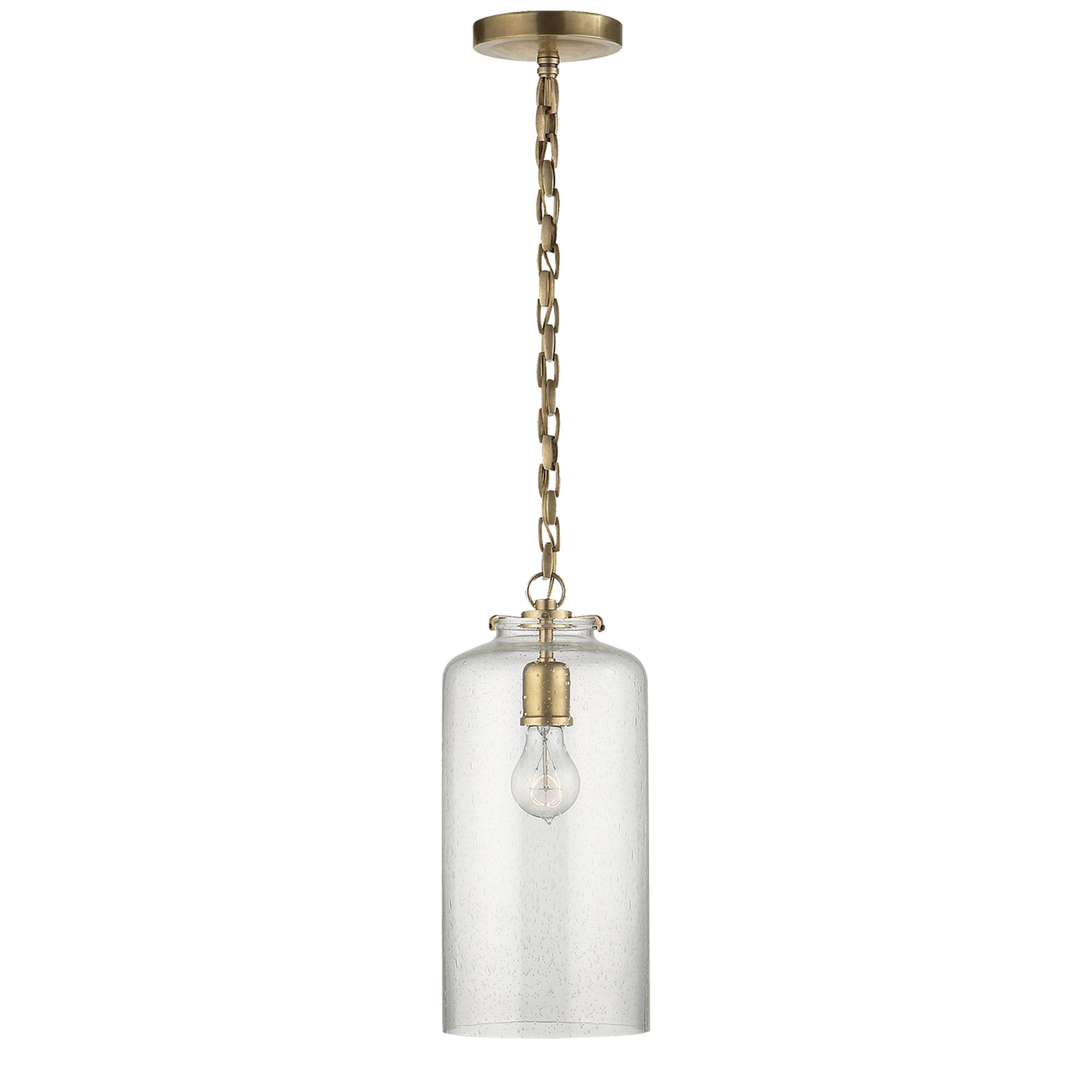 Thomas O'Brien Katie Cylinder Pendant in Hand-Rubbed Antique Brass with Seeded Glass