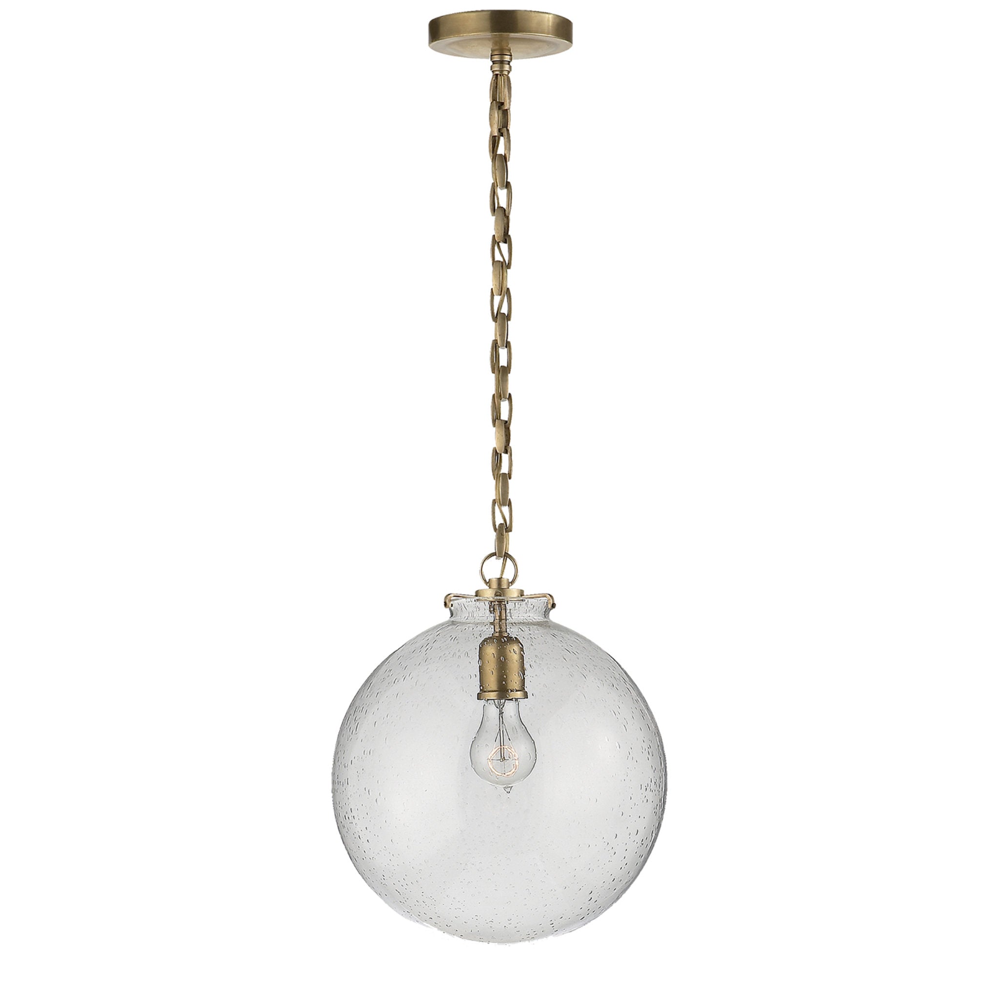 Thomas O'Brien Katie Globe Pendant in Hand-Rubbed Antique Brass with Seeded Glass