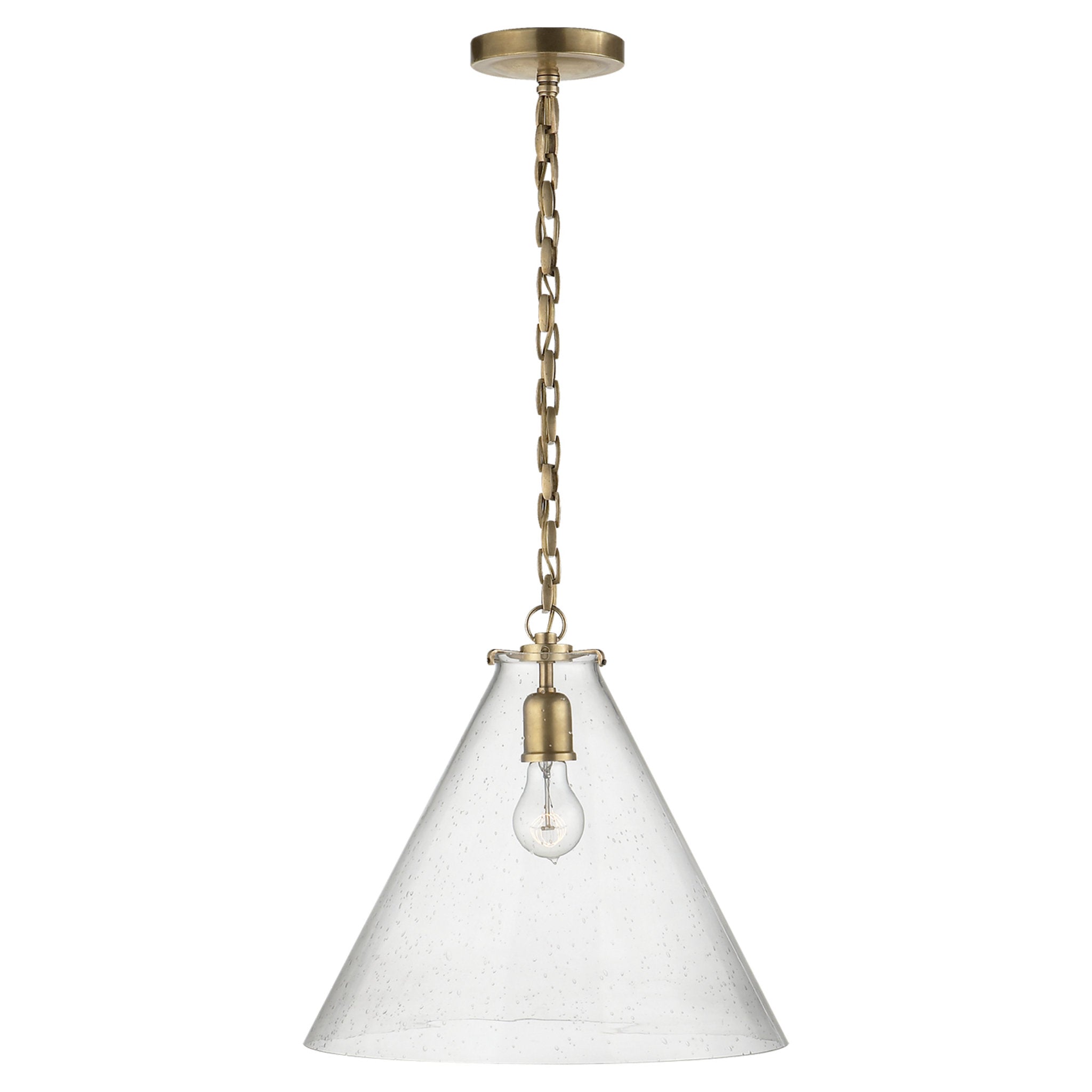 Thomas O'Brien Katie Conical Pendant in Hand-Rubbed Antique Brass with Seeded Glass