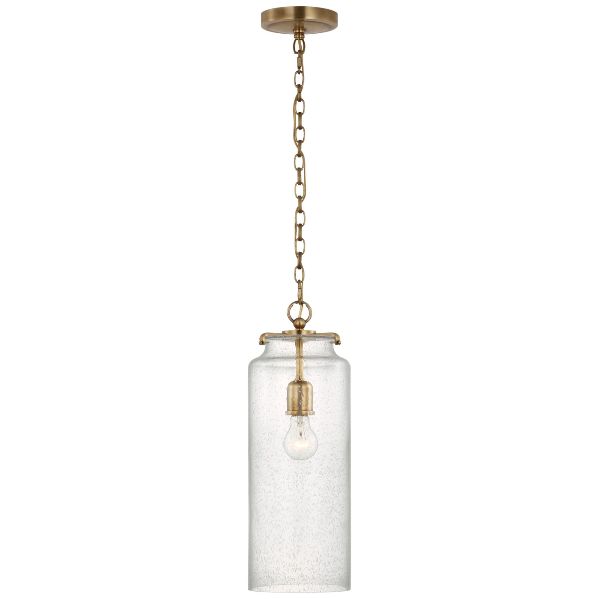 Thomas O'Brien Katie Large Cylinder Pendant in Hand-Rubbed Antique Brass with Seeded Glass Ceiling Light W7" x H19.5"