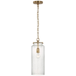 Thomas O'Brien Katie Large Cylinder Pendant in Hand-Rubbed Antique Brass with Seeded Glass