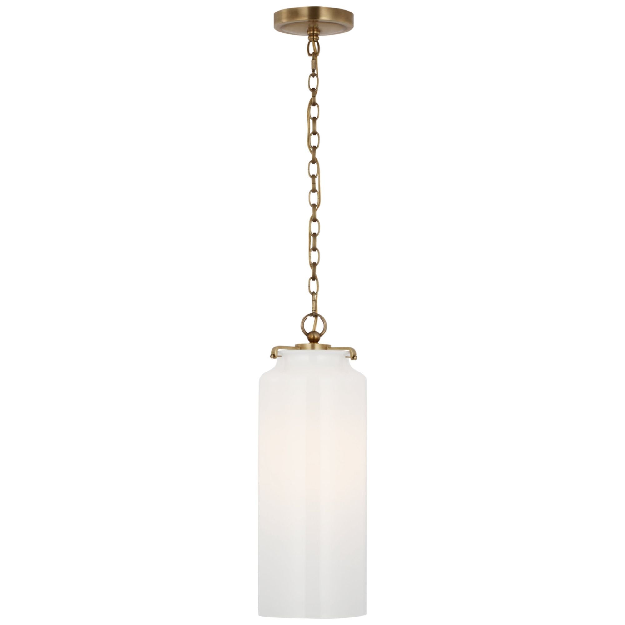 Thomas O'Brien Katie Large Cylinder Pendant in Hand-Rubbed Antique Brass with White Glass Ceiling Light W7" x H19.5"