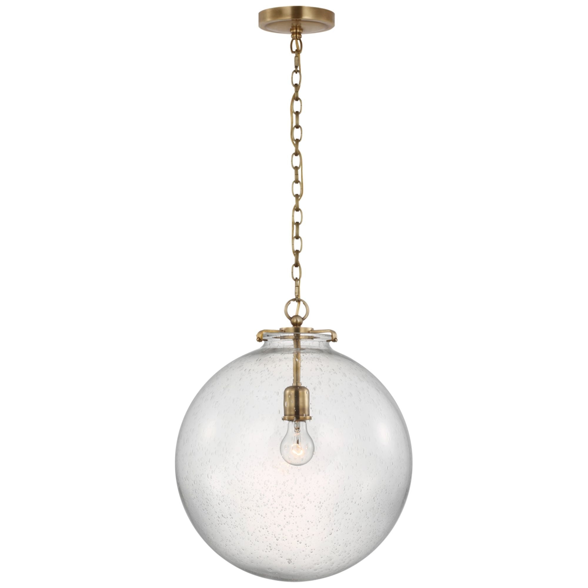 Thomas O'Brien Katie Large Globe Pendant in Hand-Rubbed Antique Brass with Seeded Glass Ceiling Light W16" x H19.25"