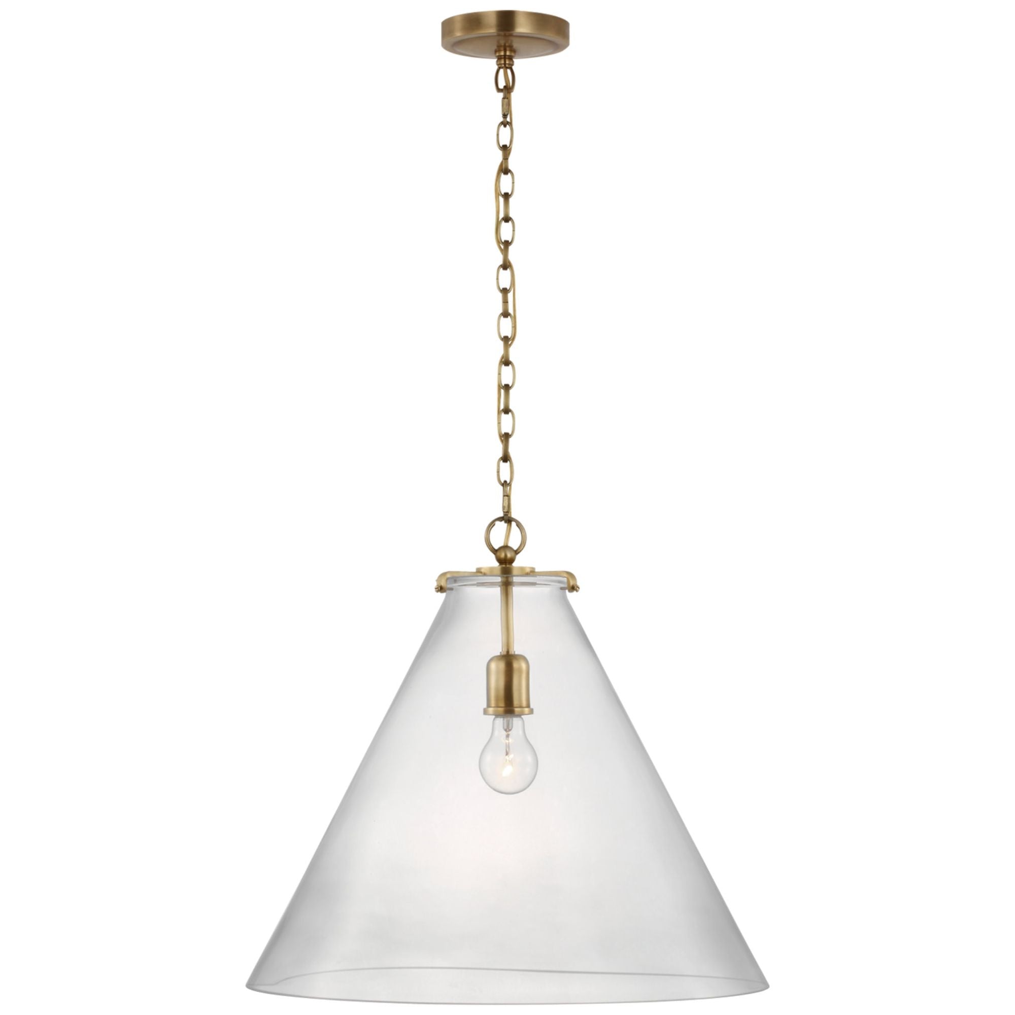 Thomas O'Brien Katie Large Conical Pendant in Hand-Rubbed Antique Brass with Clear Glass Ceiling Light W20" x H18.25"