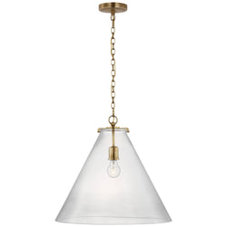 Thomas O'Brien Katie Large Conical Pendant in Hand-Rubbed Antique Brass with Clear Glass