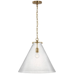 Thomas O'Brien Katie Large Conical Pendant in Hand-Rubbed Antique Brass with Seeded Glass