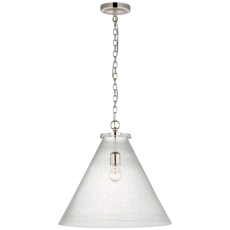 Thomas O'Brien Katie Large Conical Pendant in Polished Nickel with Seeded Glass