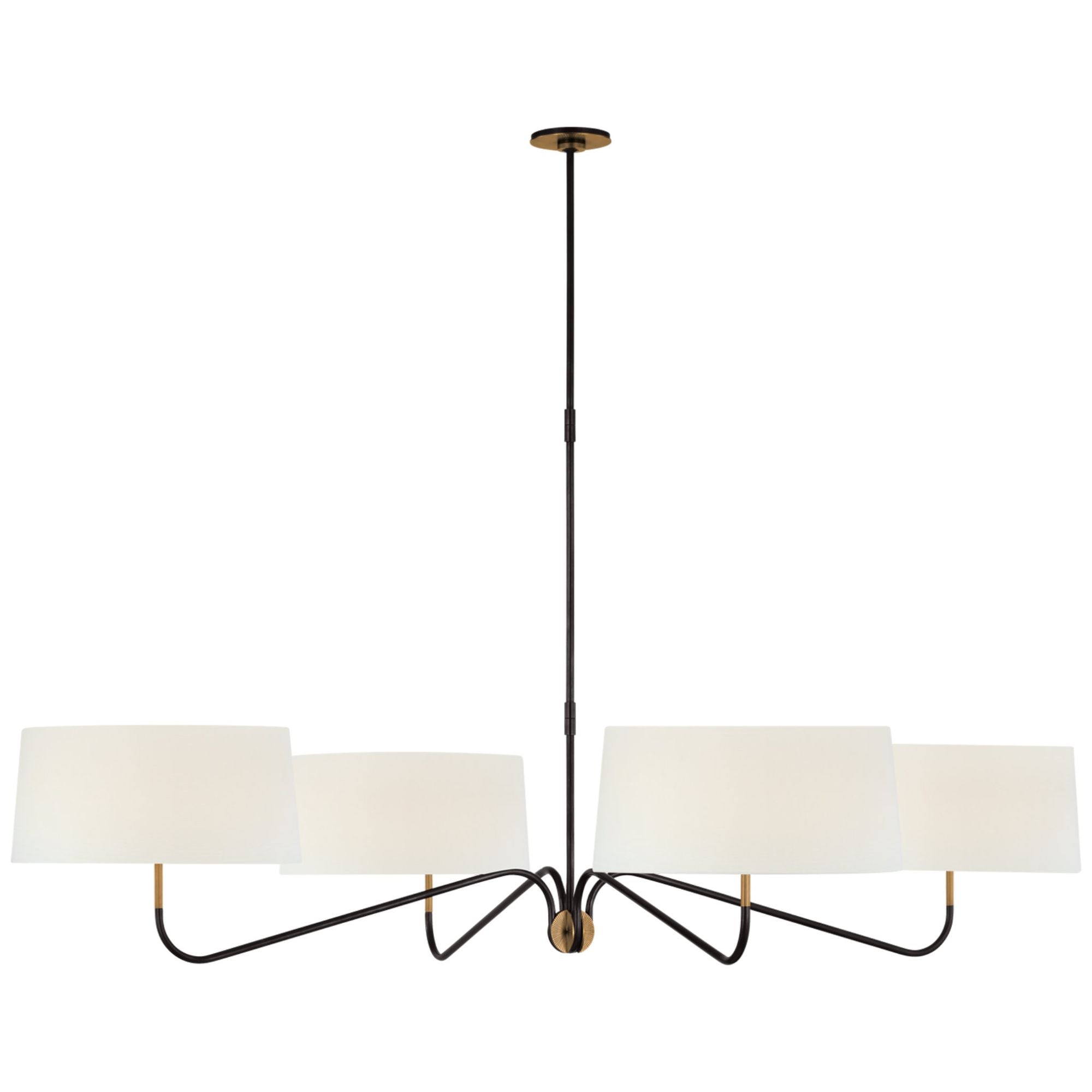 Thomas O'Brien Canto Grande Four Arm Chandelier in Bronze and Brass with Linen Shades Ceiling Light W68"