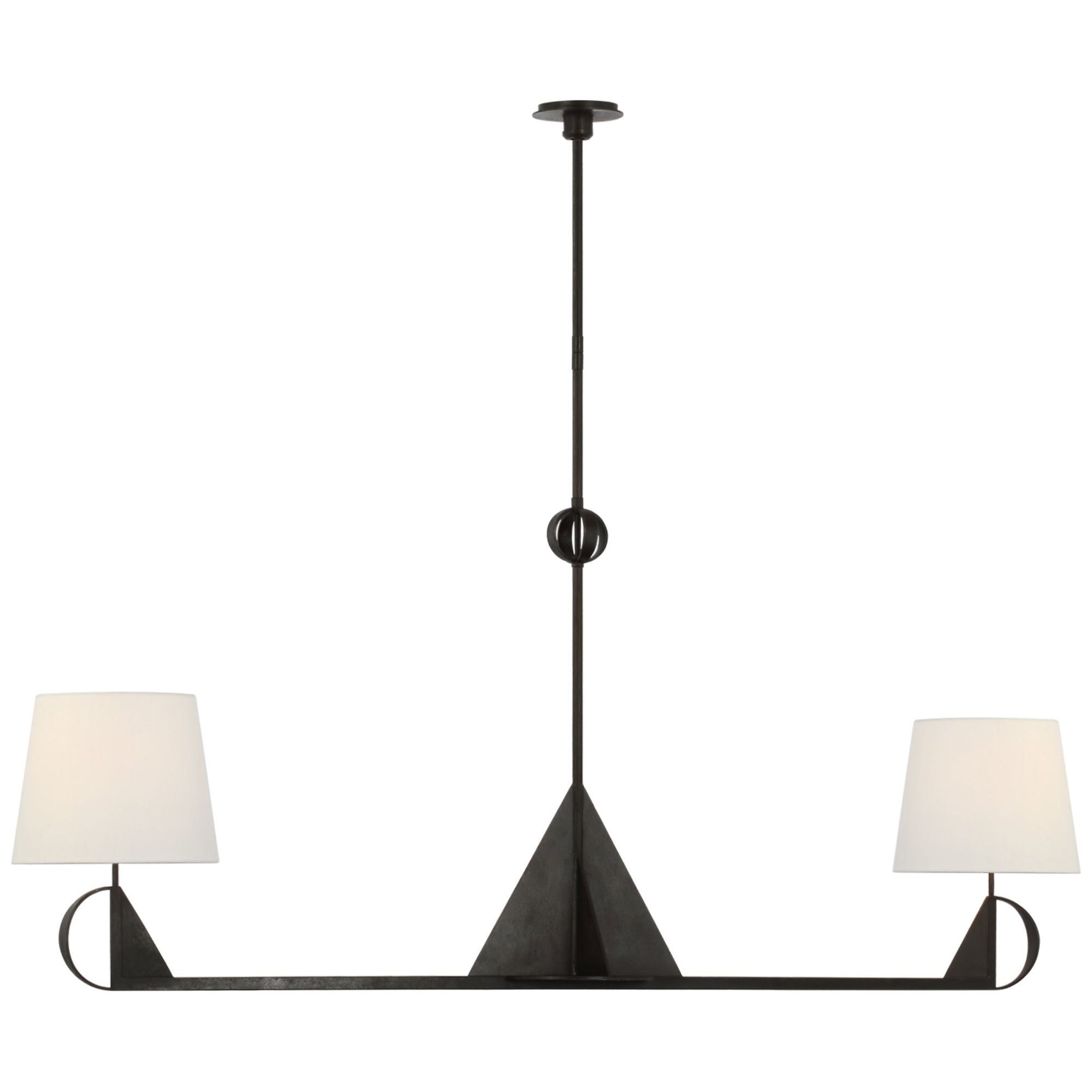 Thomas O'Brien Auxerre Extra Large Blacksmith Linear Chandelier in Aged Iron with Linen Shades Ceiling Light W11.5" x 68"