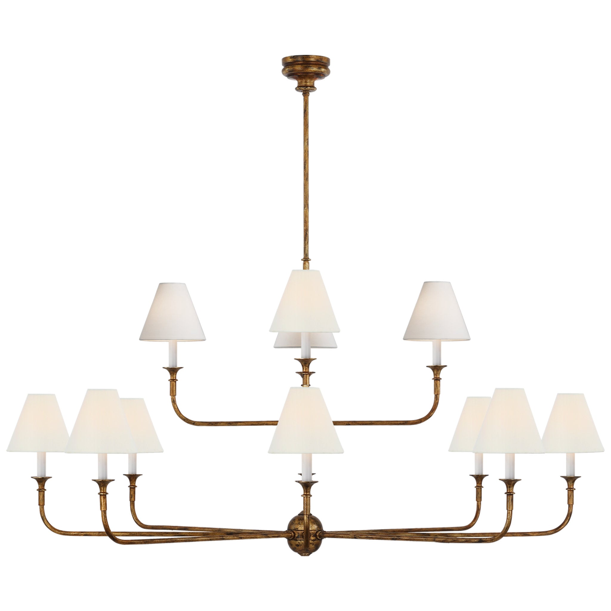Thomas O'Brien Piaf Grande Two-Tier Chandelier in Antique Gild with Linen Shades Ceiling Light W58"
