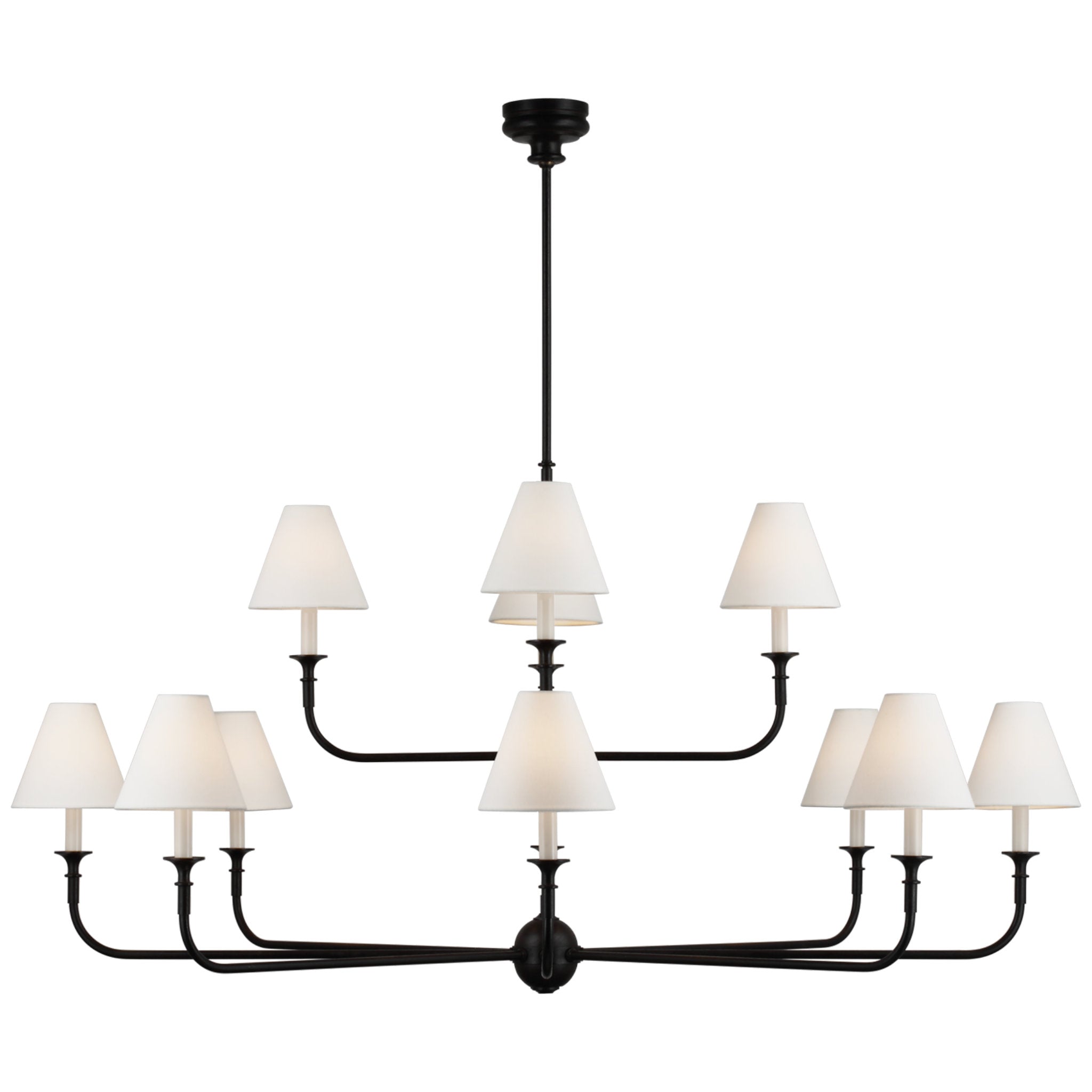 Thomas O'Brien Piaf Grande Two-Tier Chandelier in Aged Iron and Ebonized Oak with Linen Shades