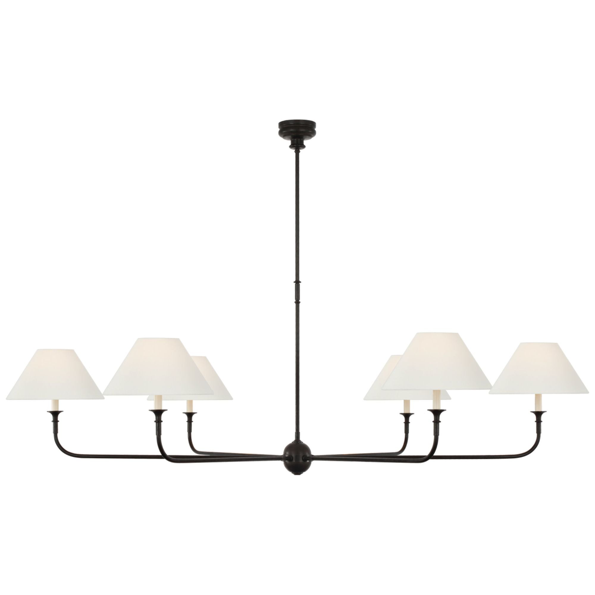 Thomas O'Brien Piaf Oversized Chandelier in Aged Iron and Ebonized Oak with Linen Shades Ceiling Light W72"