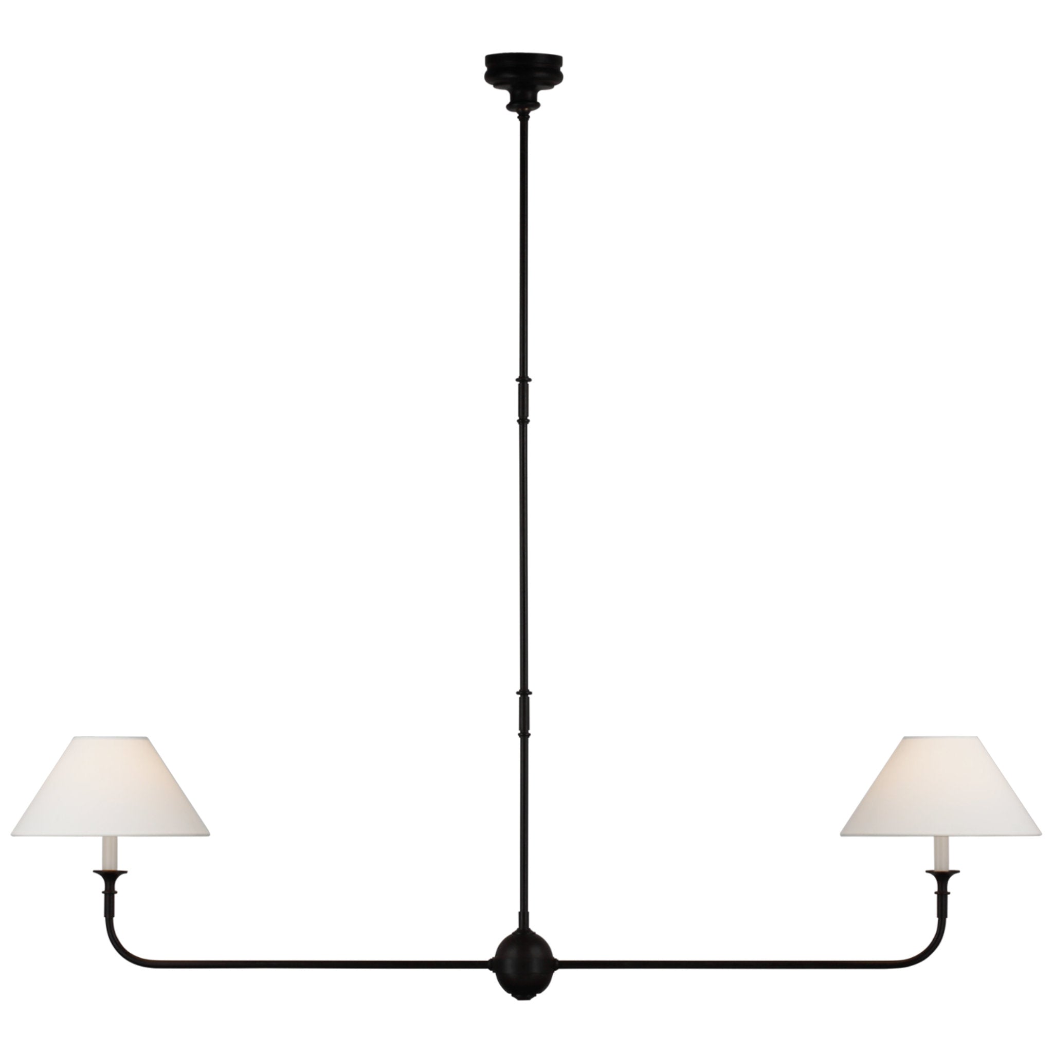 Thomas O'Brien Piaf Large Two Light Linear Pendant in Aged Iron and Ebonized Oak with Linen Shades