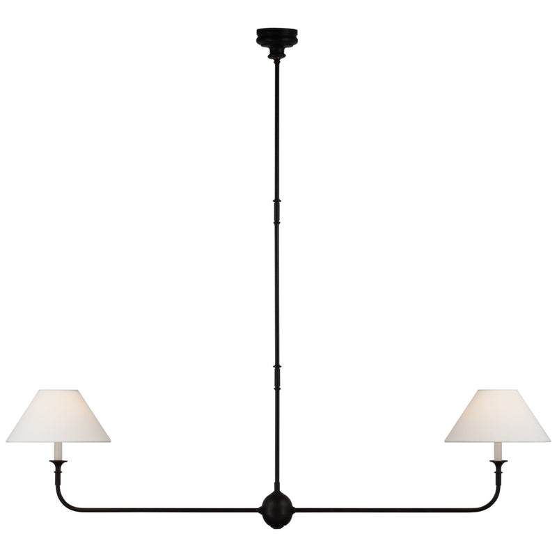 Thomas O'Brien Piaf Large Two Light Linear Pendant in Aged Iron and Ebonized Oak with Linen Shades