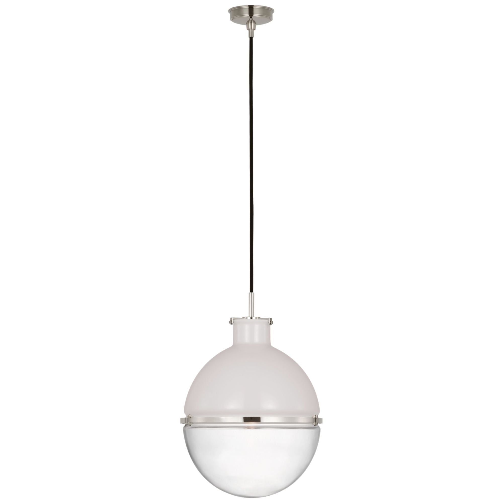 Thomas O'Brien Maxey 14" Globe Pendant in Polished Nickel with White Glass and Clear Glass Ceiling Light W13.5"