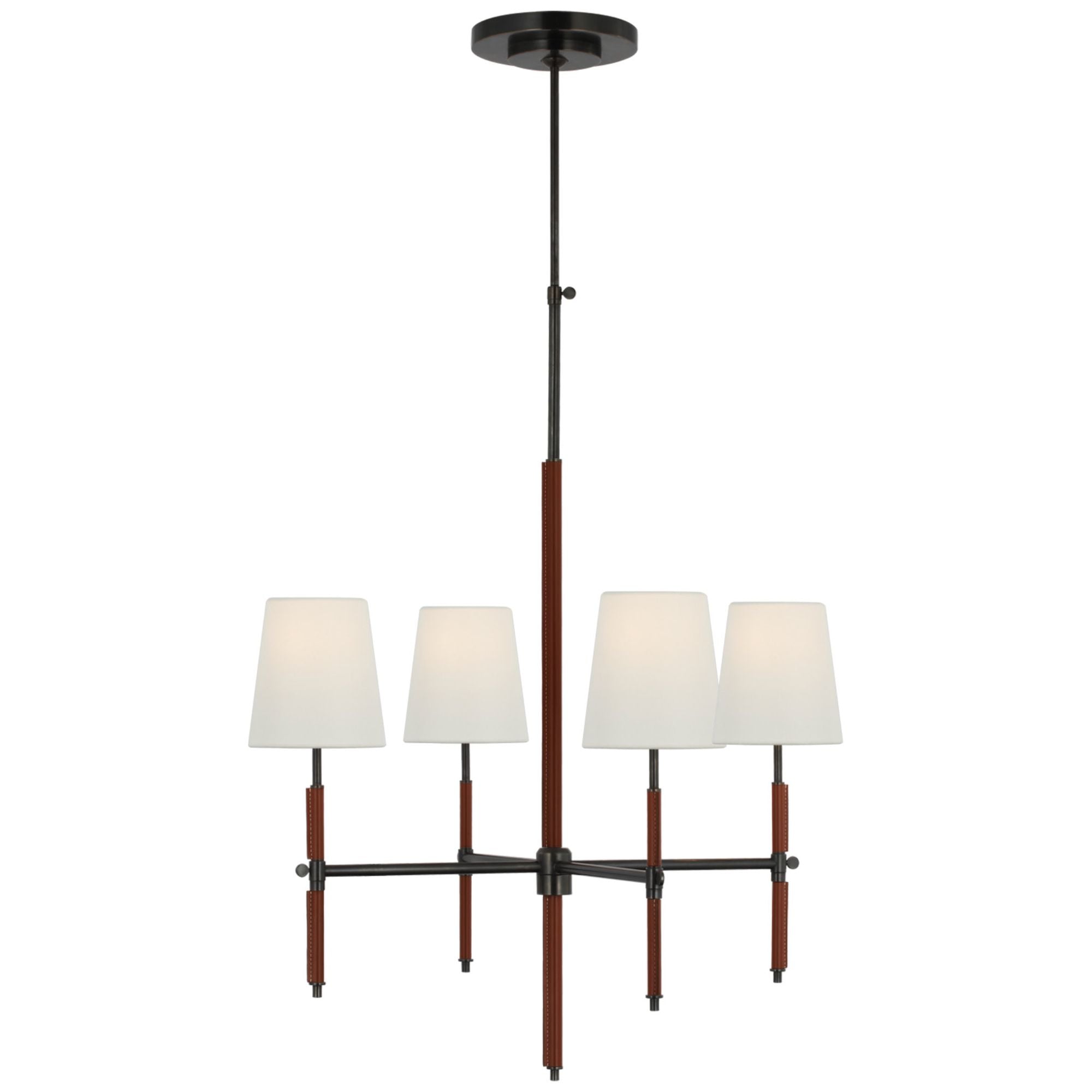 Thomas O'Brien Bryant Small Wrapped Chandelier in Bronze and Saddle Leather with Linen Shades Ceiling Light W26"