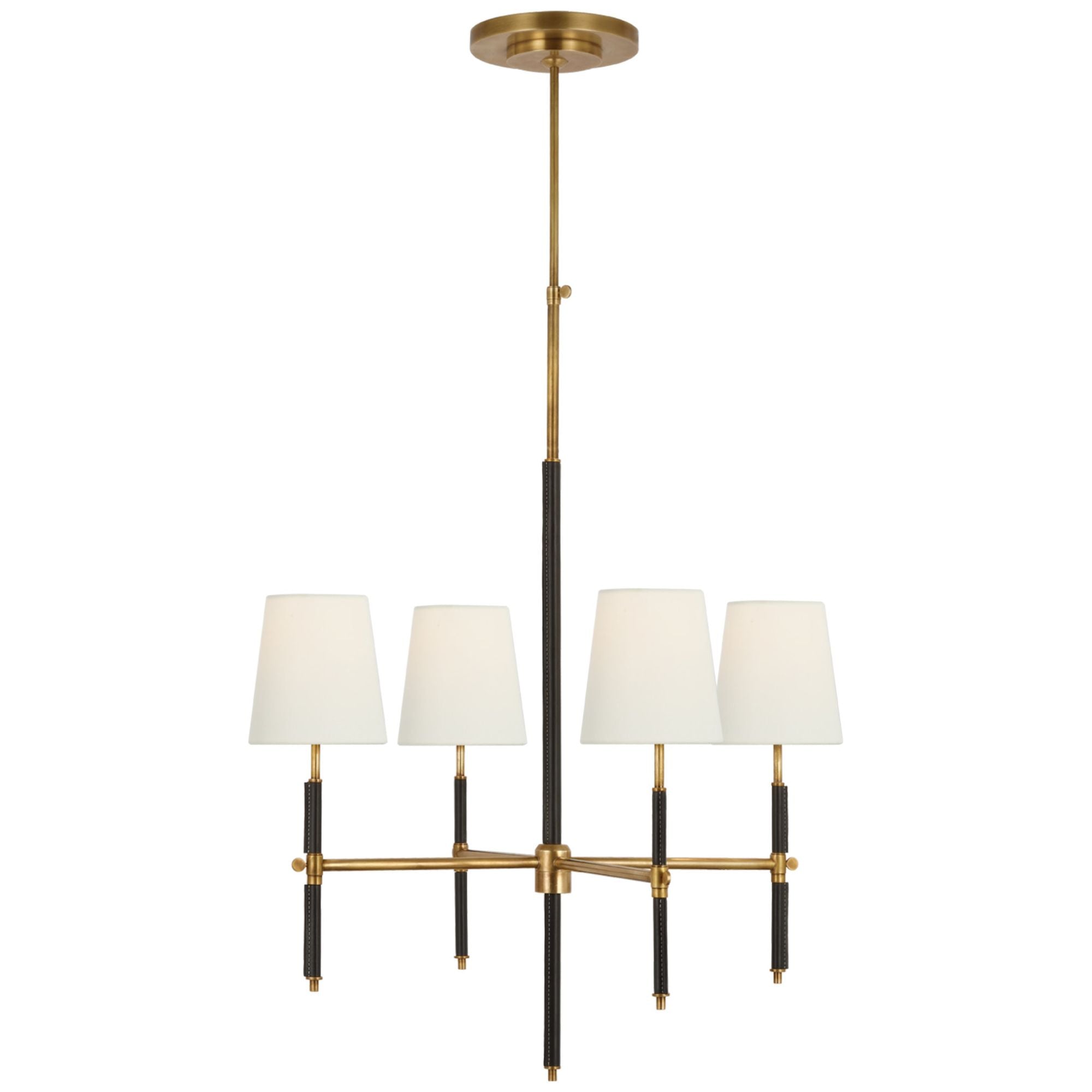 Thomas O'Brien Bryant Small Wrapped Chandelier in Hand-Rubbed Antique Brass and Chocolate Leather with Linen Shades Ceiling Light W26"