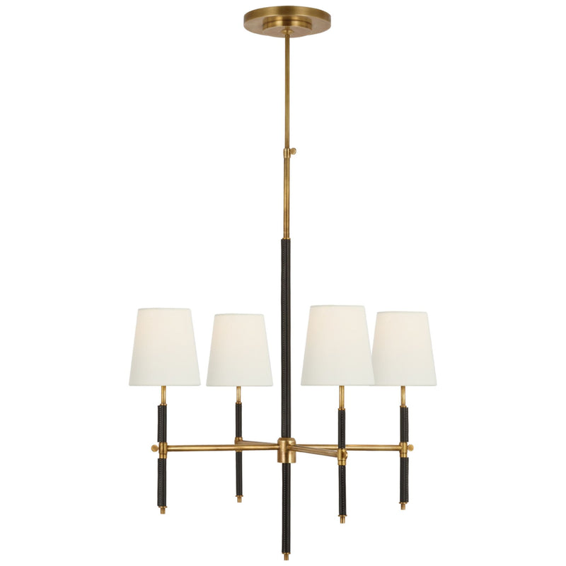 Thomas O'Brien Bryant Small Wrapped Chandelier in Hand-Rubbed Antique Brass and Chocolate Leather with Linen Shades