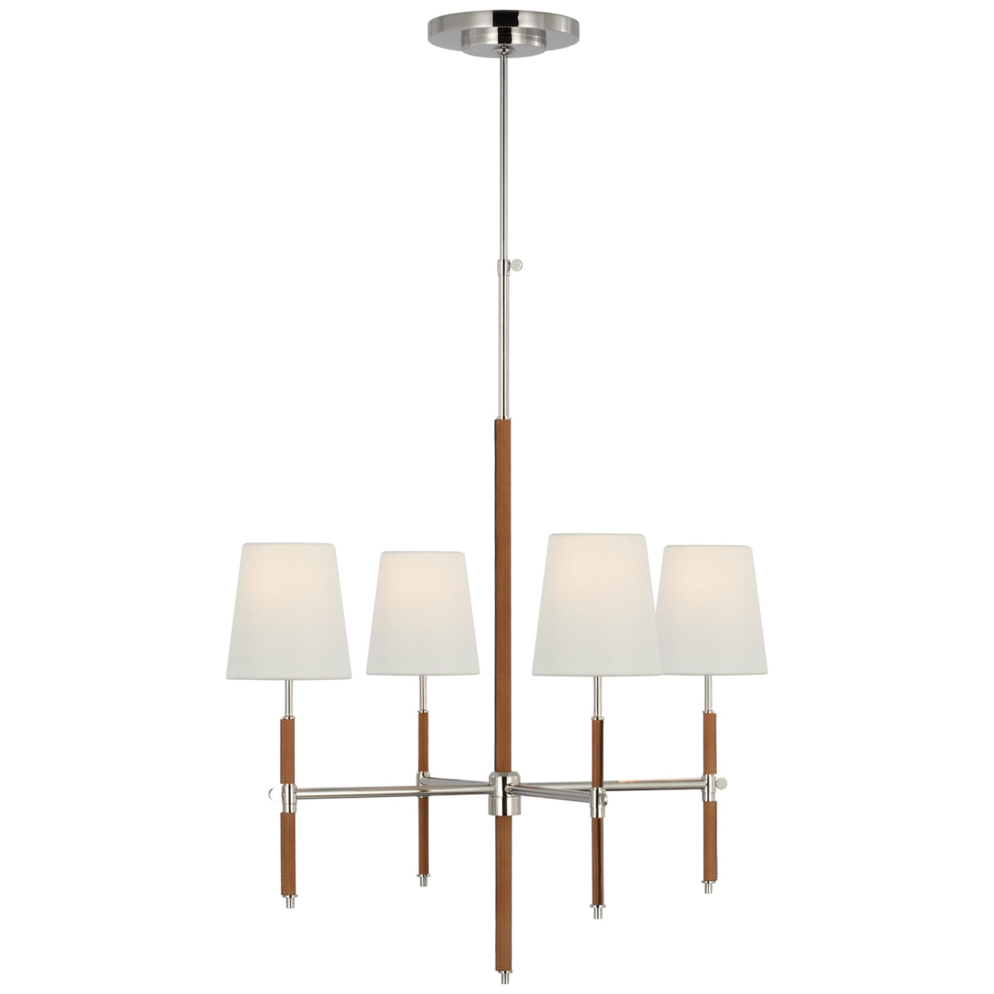 Thomas O'Brien Bryant Small Wrapped Chandelier in Polished Nickel and Natural Leather with Linen Shades Ceiling Light W26"