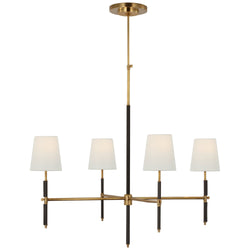 Thomas O'Brien Bryant Large Wrapped Chandelier in Hand-Rubbed Antique Brass and Chocolate Leather with Linen Shades