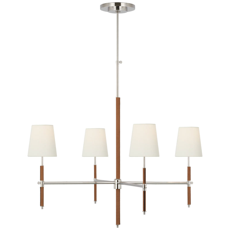 Thomas O'Brien Bryant Large Wrapped Chandelier in Polished Nickel and Natural Leather with Linen Shades