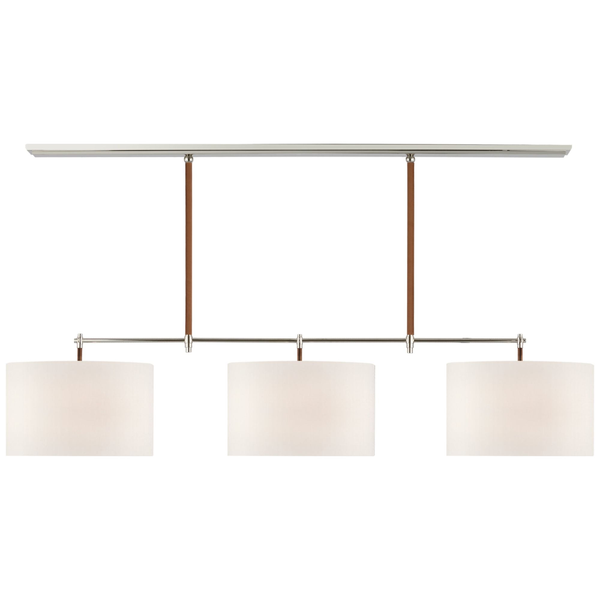 Thomas O'Brien Bryant Large Wrapped Billiard in Polished Nickel and Natural Leather with Linen Shades Ceiling Light W64.25" x 16"